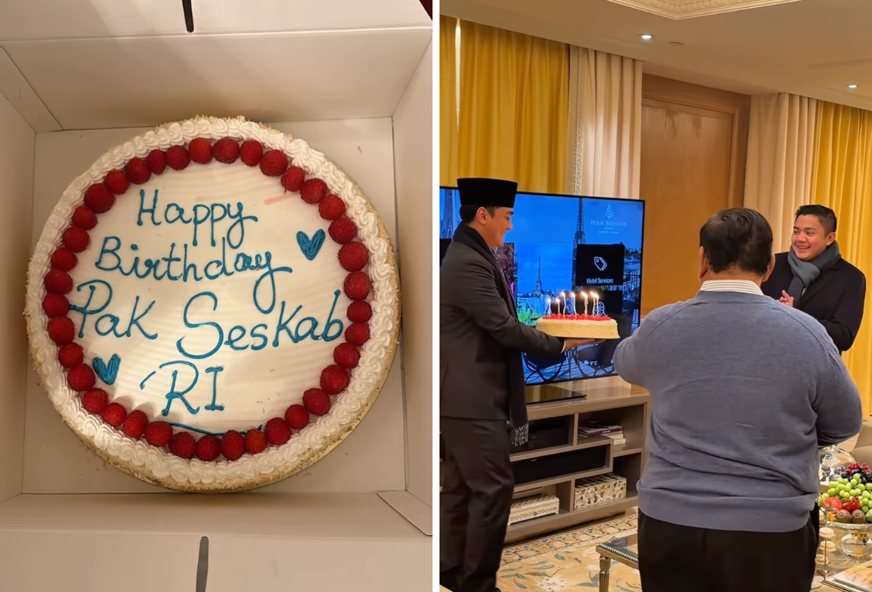 Momen Prabowo Rayakan Ulang Tahun Seskab Teddy Bersama Staf di Paris